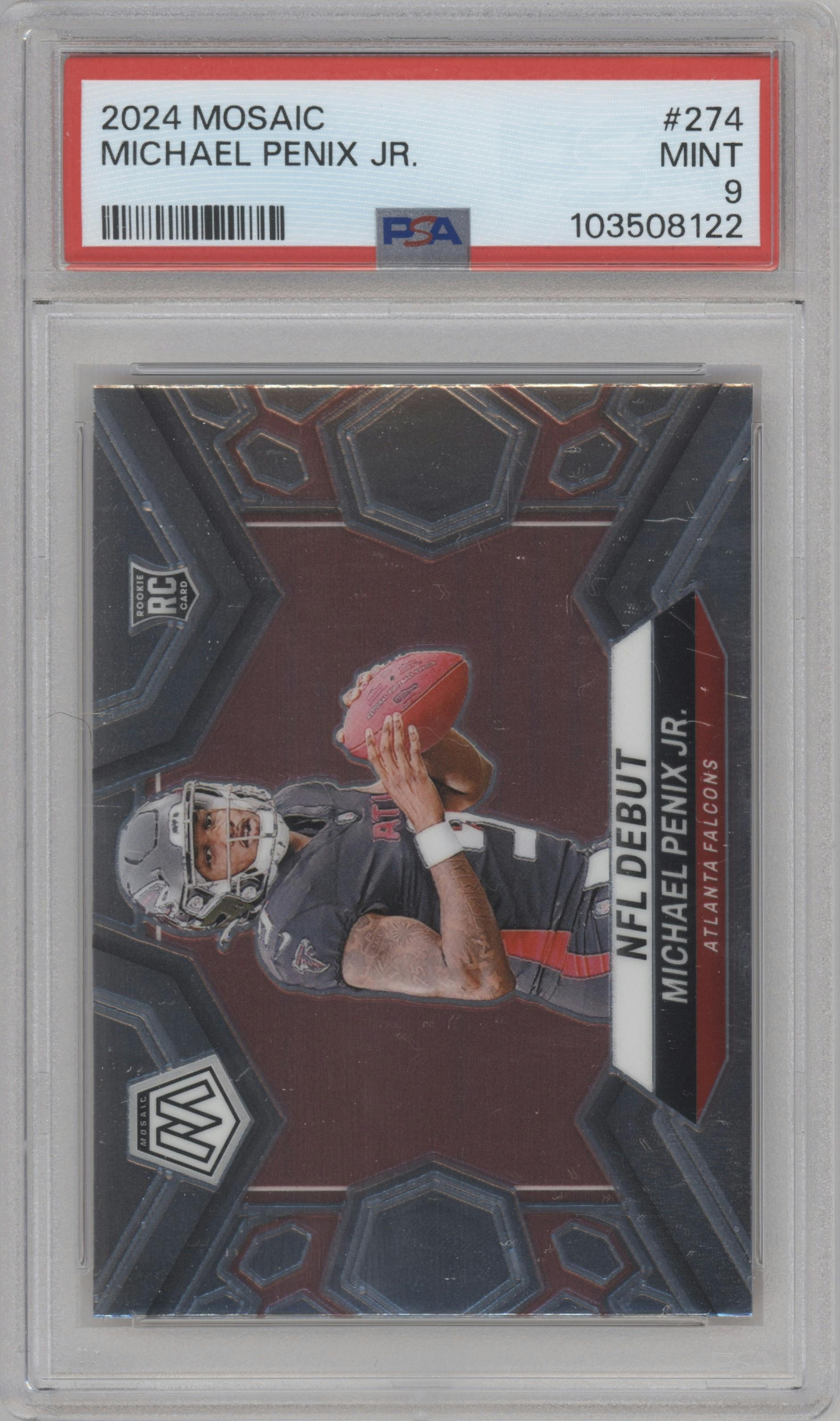 Michael Penix Jr. from the 2024 Panini Mosaic set graded by PSA and given an overall grade of 9.