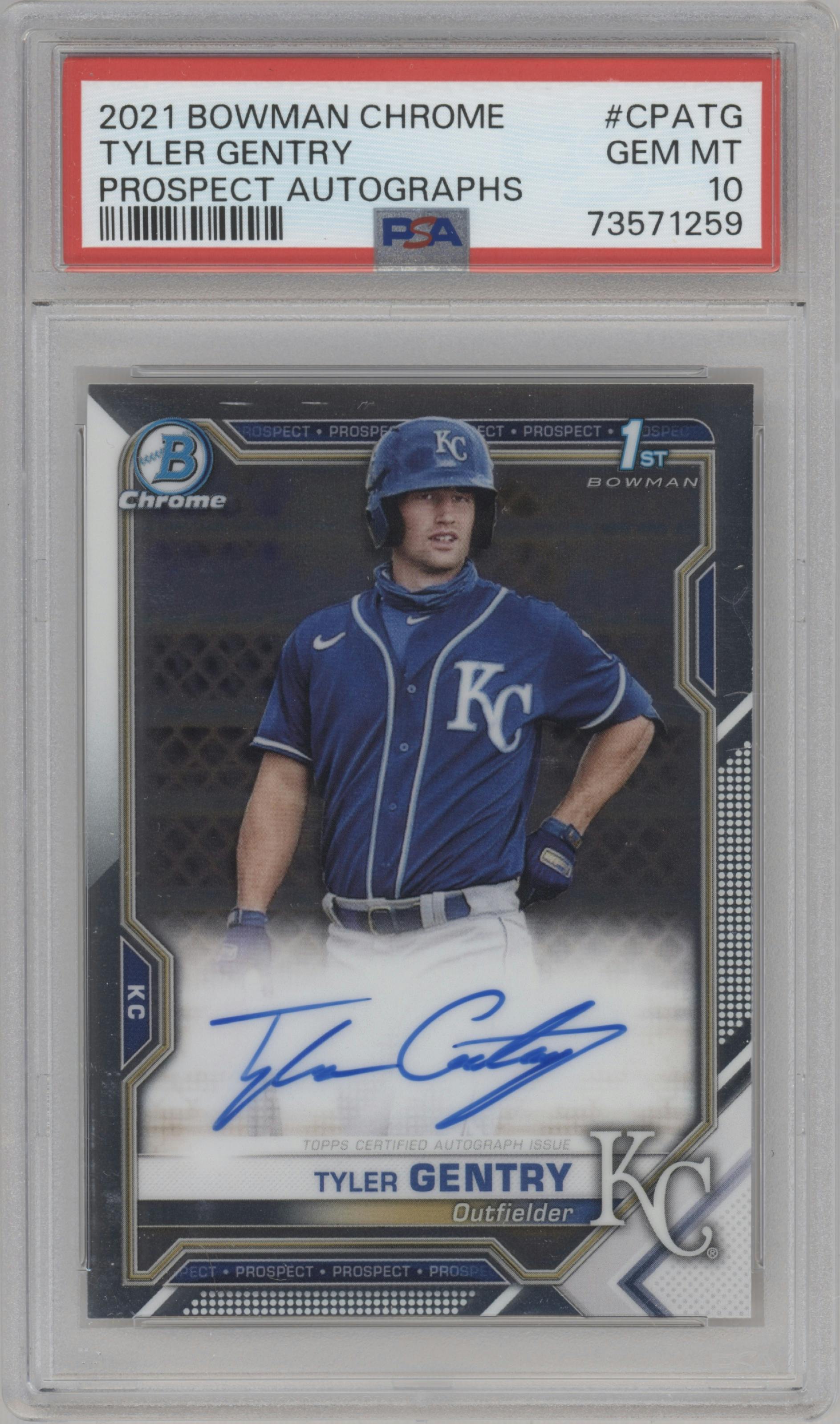 Tyler Gentry from the 2021 Bowman Chrome set graded by PSA and given an overall grade of 10.