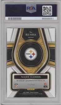 Najee Harris from the 2021 Panini Select set featuring a Blue Prizm parallel graded by PSA and given an overall grade of 10.