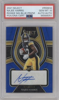 Najee Harris from the 2021 Panini Select set featuring a Blue Prizm parallel graded by PSA and given an overall grade of 10.