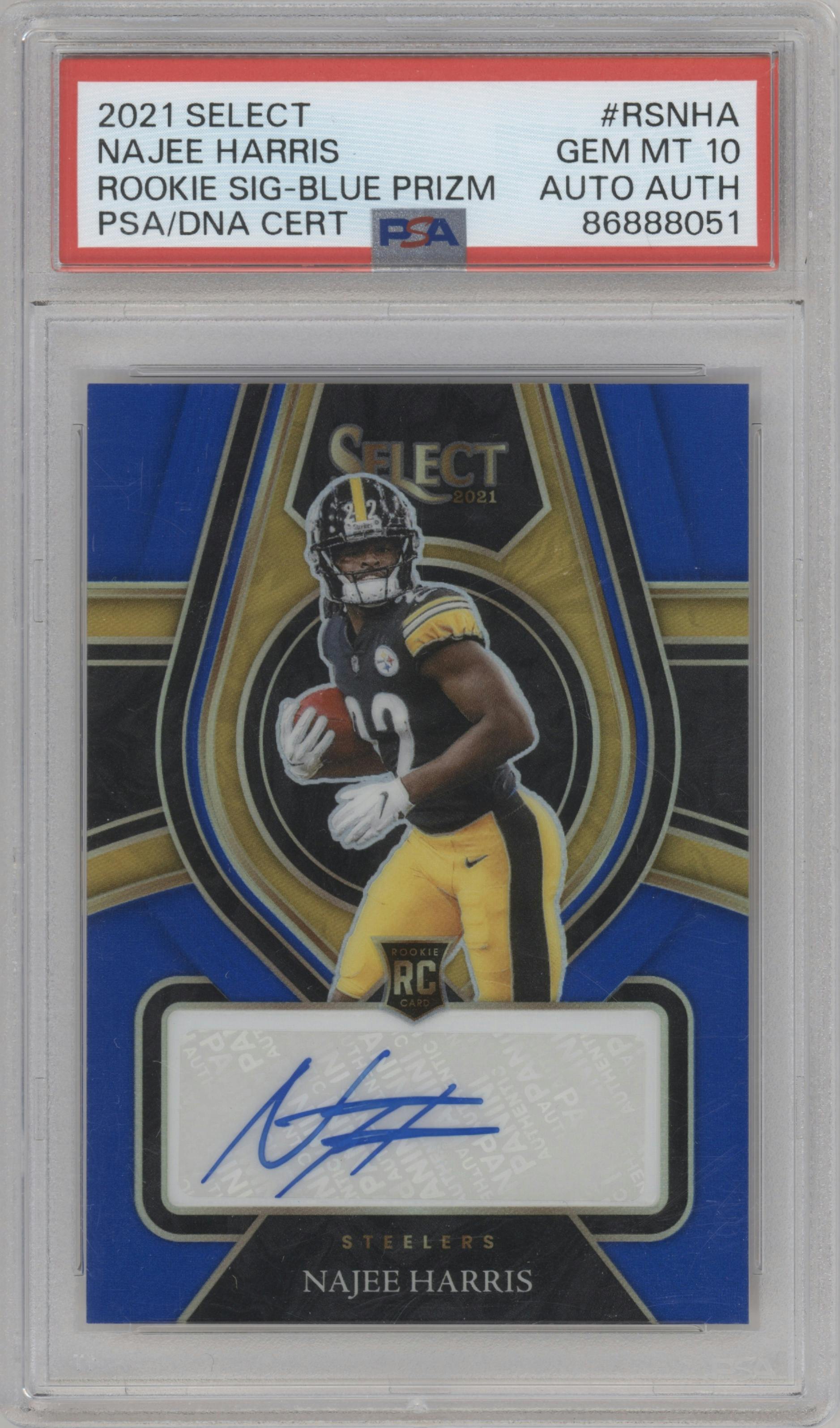 Najee Harris from the 2021 Panini Select set featuring a Blue Prizm parallel graded by PSA and given an overall grade of 10.