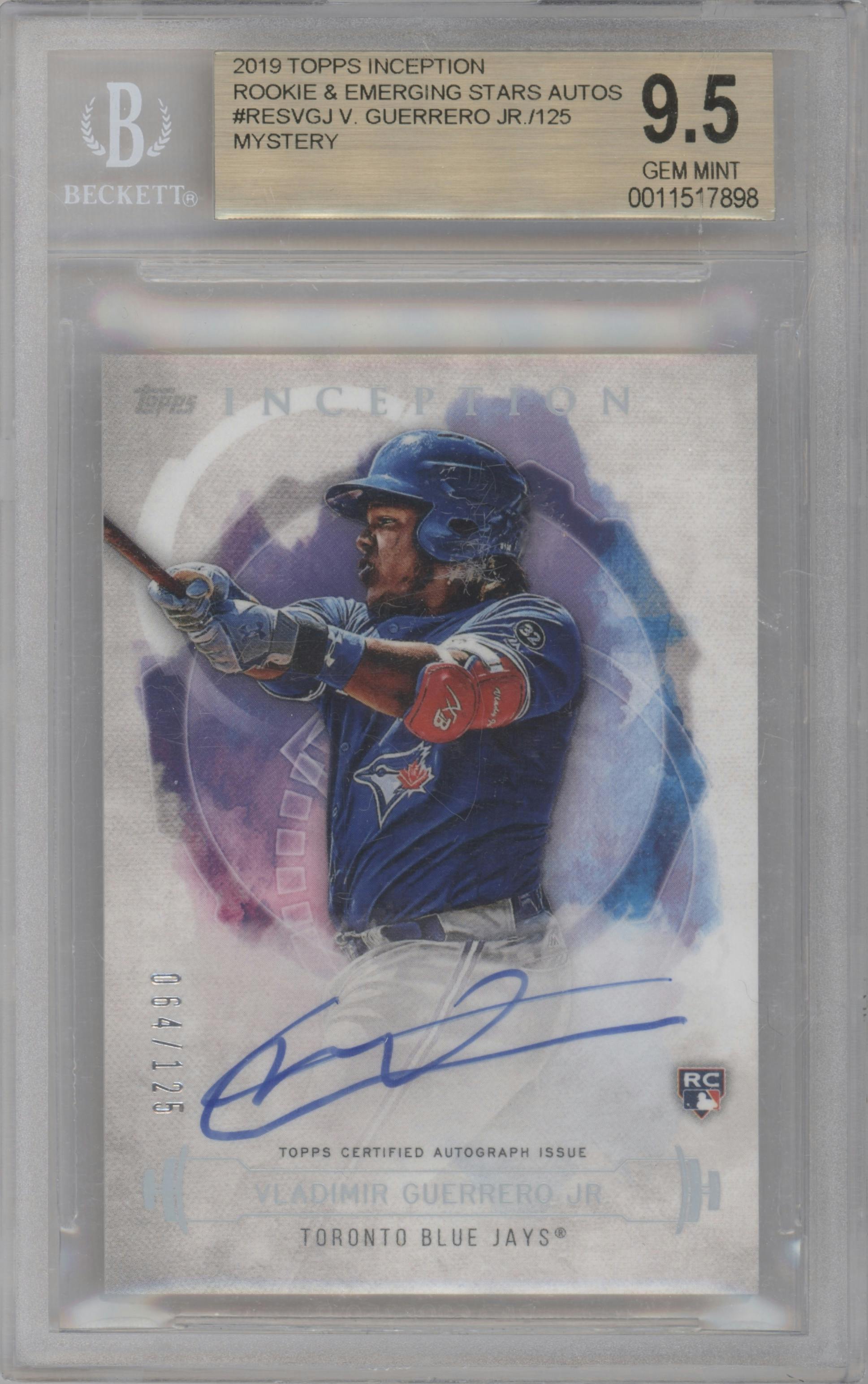 Vladimir Guerrero Jr. from the 2019 Topps Inception set graded by Beckett and given an overall grade of 9.5.