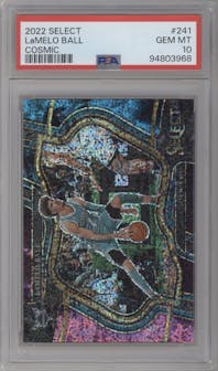 LaMelo Ball from the 2022-23 Panini Select set featuring a Cosmic parallel graded by PSA and given an overall grade of 10.