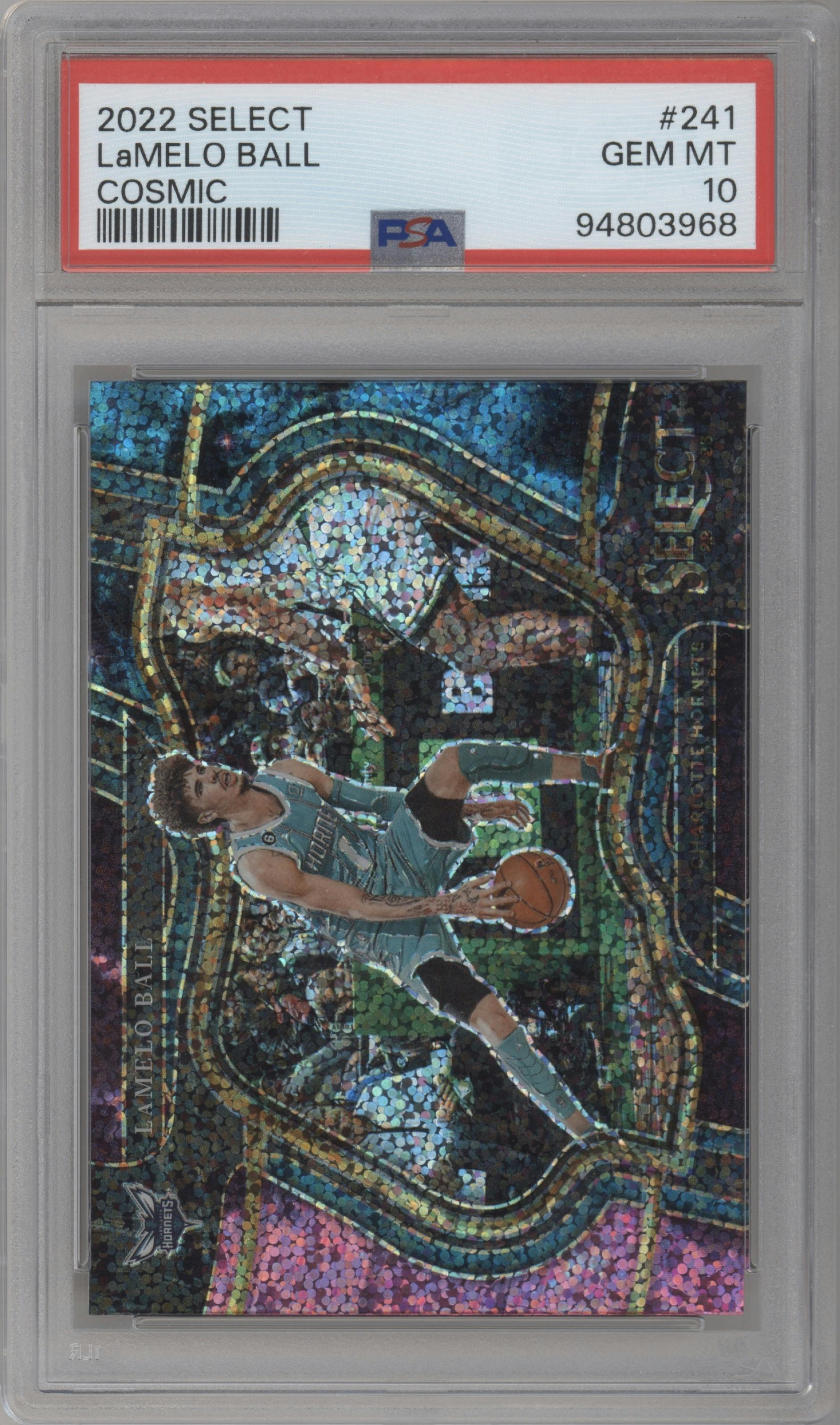LaMelo Ball from the 2022-23 Panini Select set featuring a Cosmic parallel graded by PSA and given an overall grade of 10.