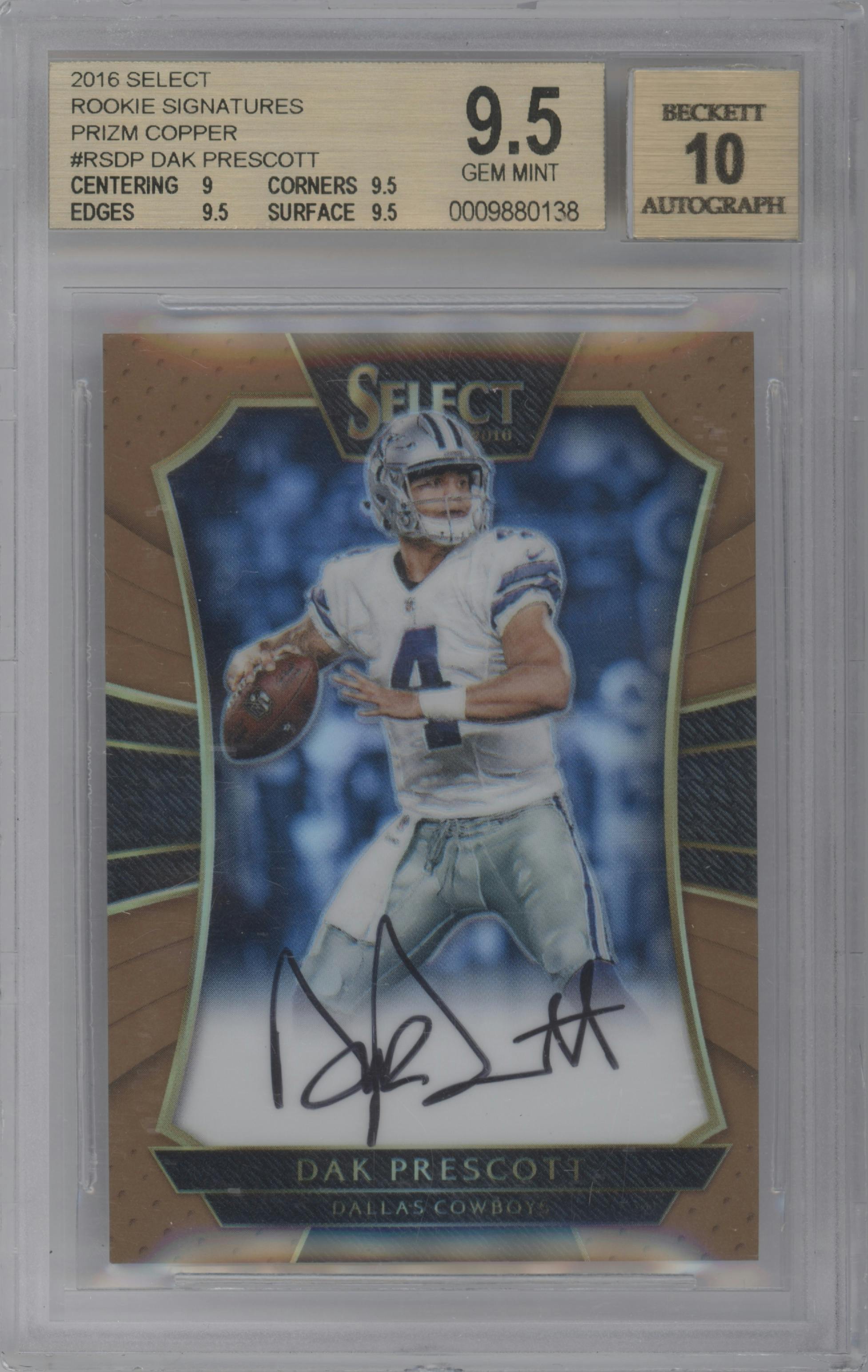 Dak Prescott from the 2016 Panini Select set featuring a Copper Prizm parallel graded by Beckett and given an overall grade of 9.5.