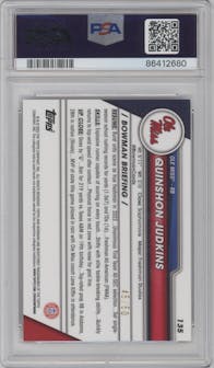Quinshon Judkins from the 2023 Bowman Chrome University set featuring a Gold Shimmer parallel graded by PSA and given an overall grade of 9.