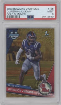 Quinshon Judkins from the 2023 Bowman Chrome University set featuring a Gold Shimmer parallel graded by PSA and given an overall grade of 9.
