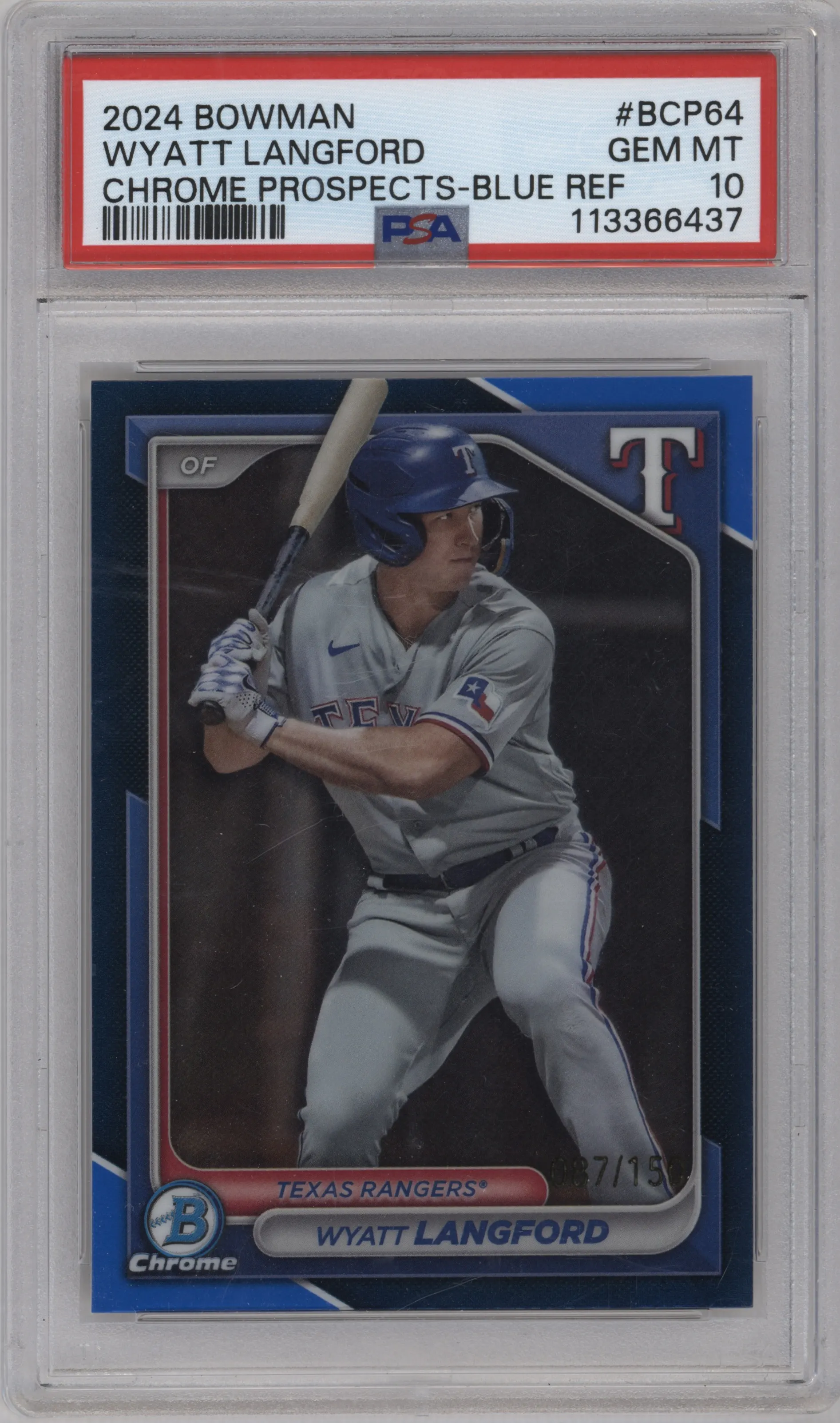 2024 Bowman Chrome Pros. Wyatt Langford Blue Refractor PSA 10