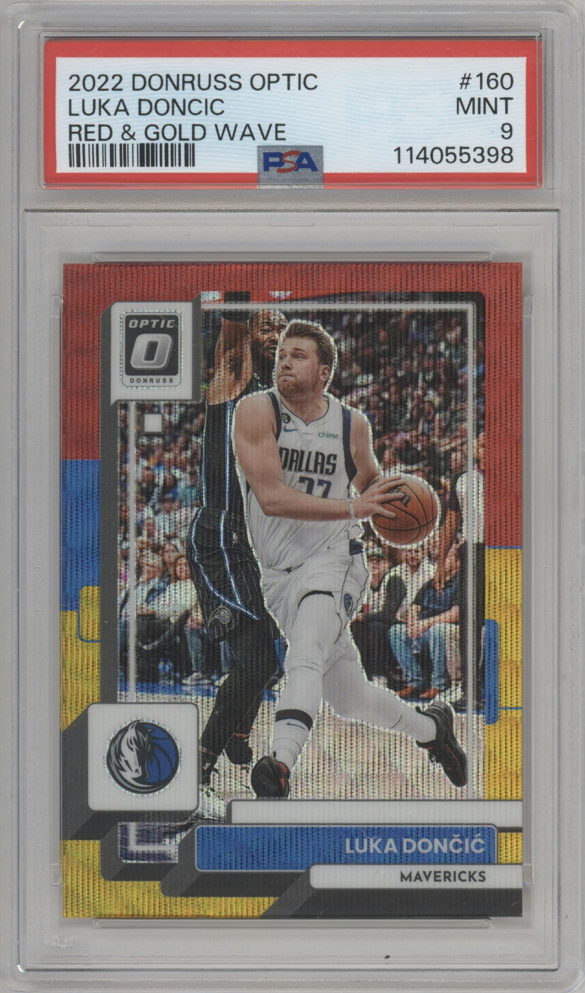 Luka Doncic from the 2022-23 Panini Donruss Optic  set featuring a Red & Gold Wave parallel graded by PSA and given an overall grade of 9.