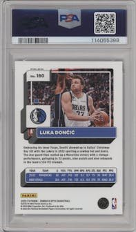 Luka Doncic from the 2022-23 Panini Donruss Optic  set featuring a Red & Gold Wave parallel graded by PSA and given an overall grade of 9.