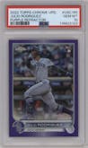 Julio Rodriguez from the 2022 Topps Chrome Update set featuring a Purple Refractor parallel graded by PSA and given an overall grade of 10.