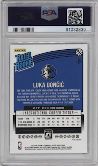 Luka Doncic from the 2018-19 Panini Donruss Optic set featuring a Purple parallel graded by PSA and given an overall grade of 10.