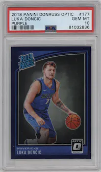 Luka Doncic from the 2018-19 Panini Donruss Optic set featuring a Purple parallel graded by PSA and given an overall grade of 10.