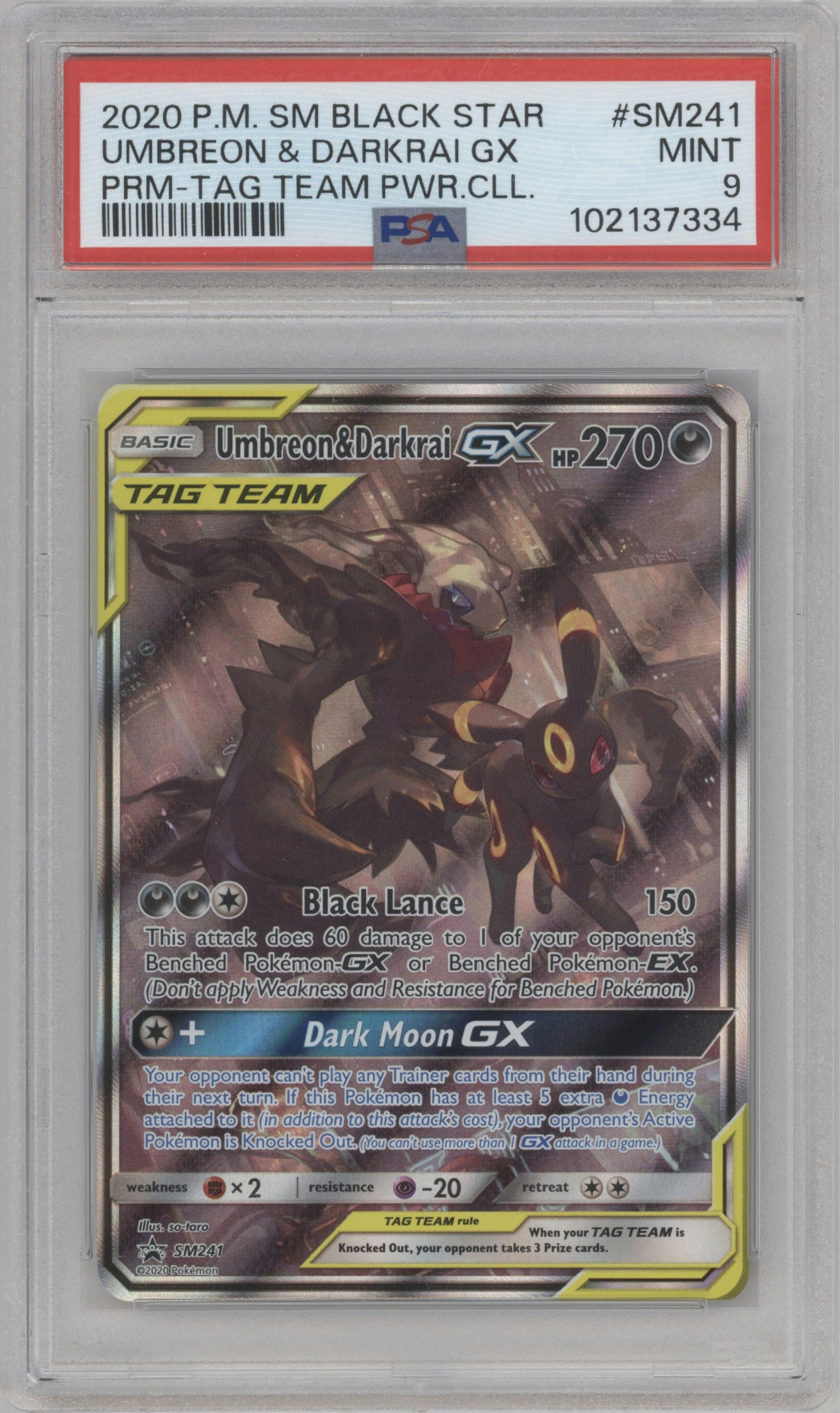 Umbreon/Darkrai GX from the 2020 Pokemon S&M set featuring a Tag Team Powers Collection parallel graded by PSA and given an overall grade of 9.