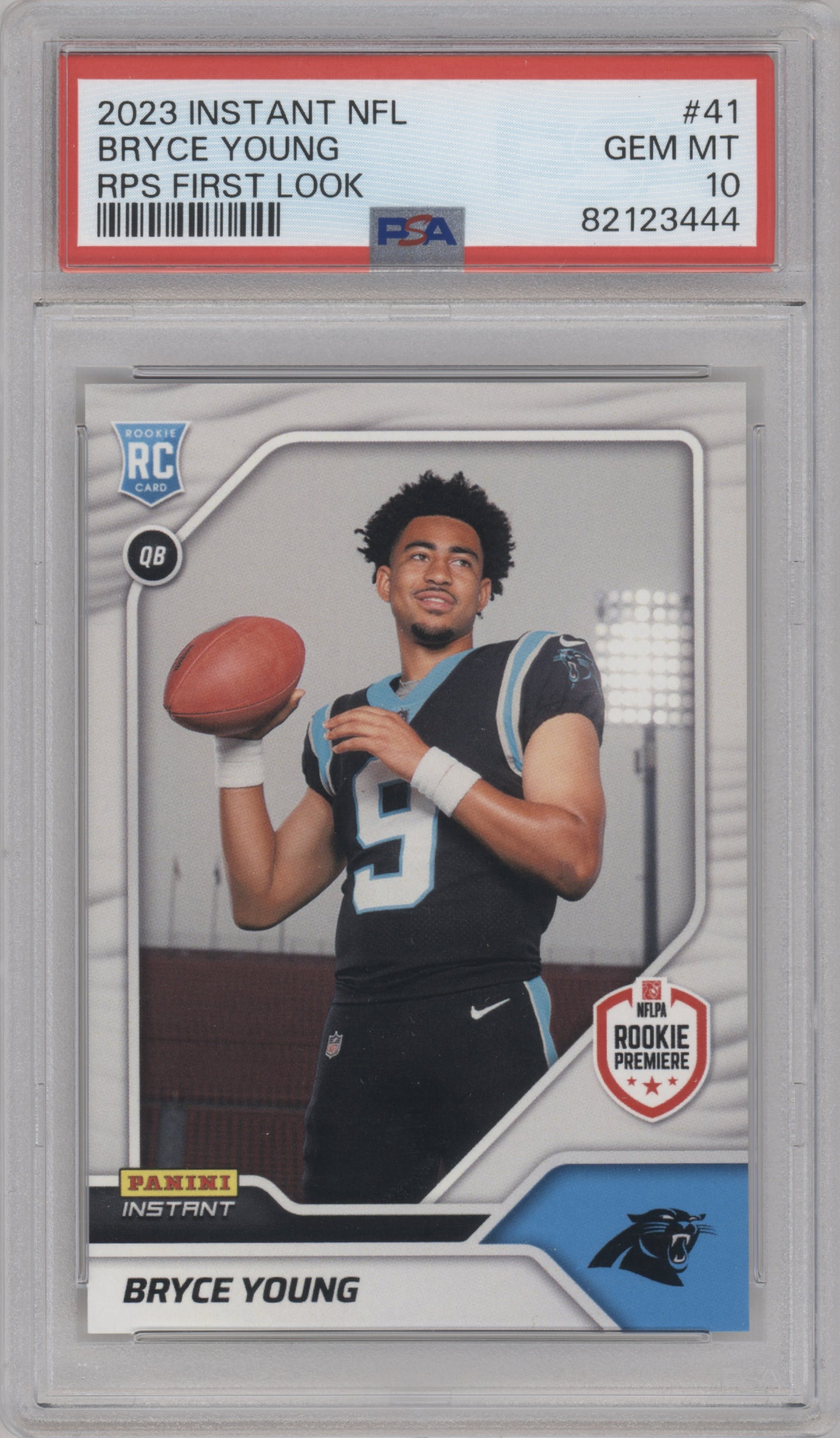 Bryce Young from the 2023 Panini Instant NFLPA Rookie Premiere set graded by PSA and given an overall grade of 10.