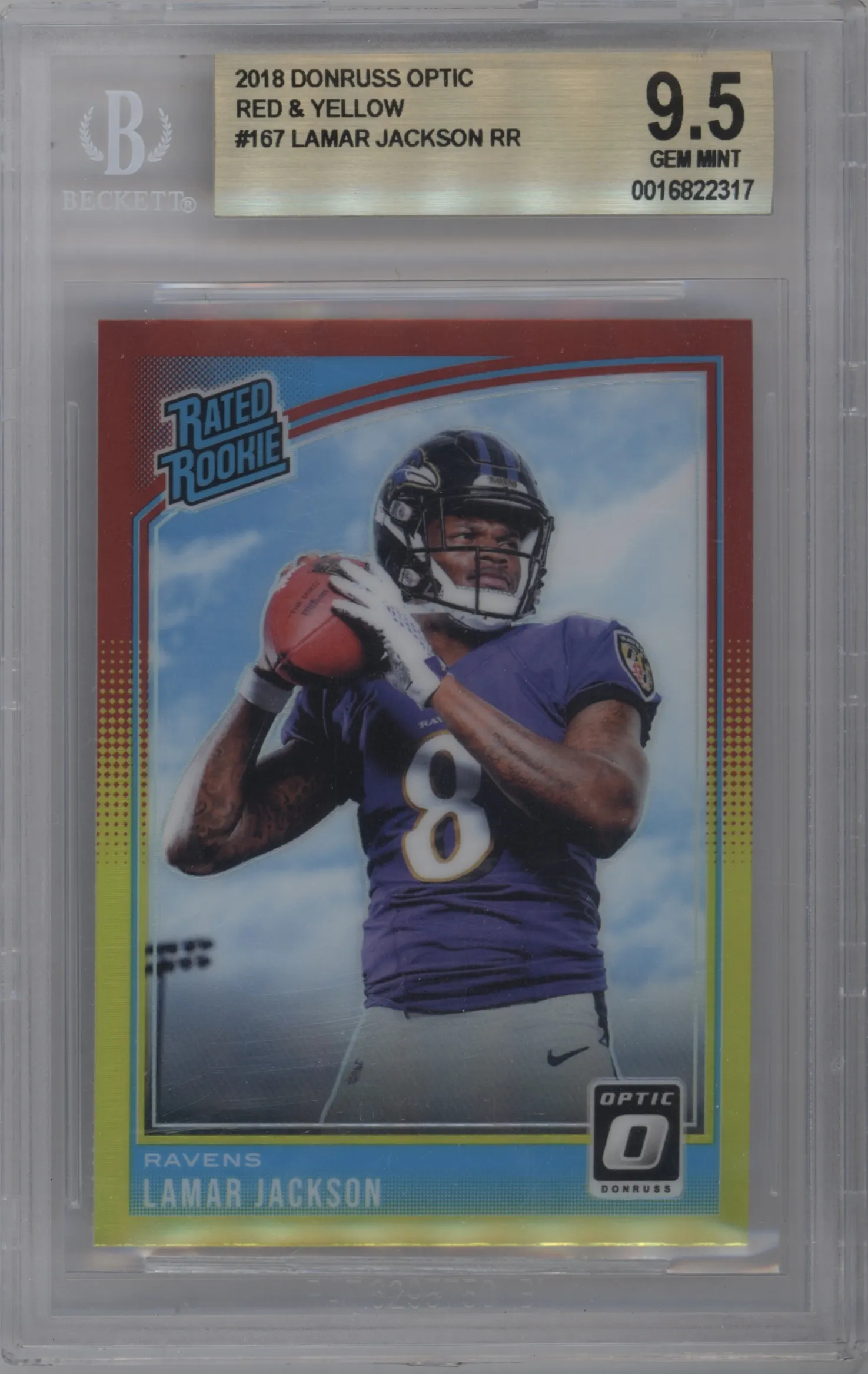 2018 Panini Donruss Optic Rated Rookie Lamar Jackson Red/Yellow #167 BGS 9.5