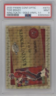 Tom Brady from the 2020 Panini Contenders Optic set featuring a Gold Vinyl parallel graded by PSA and given an overall grade of 9.