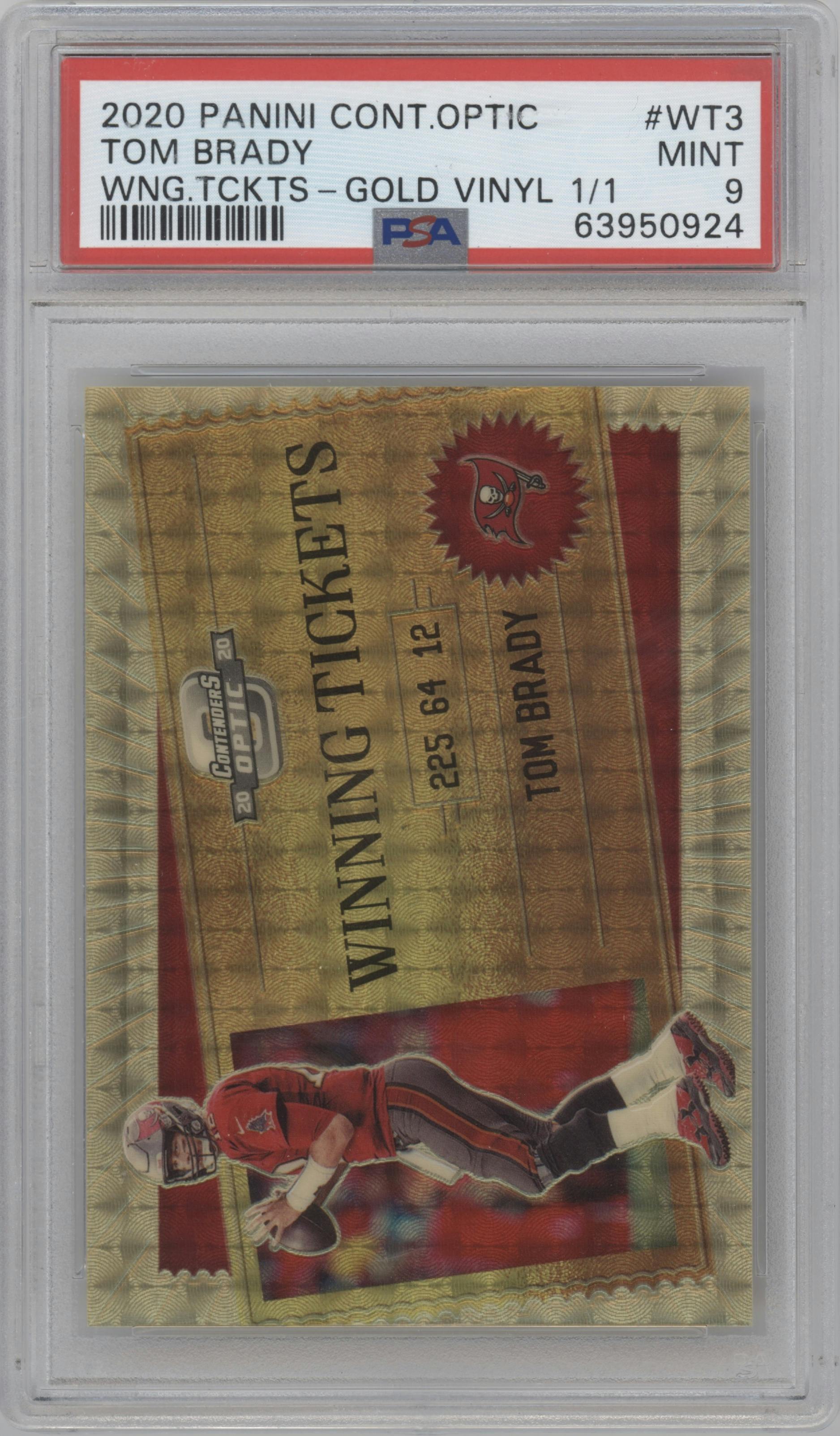 Tom Brady from the 2020 Panini Contenders Optic set featuring a Gold Vinyl parallel graded by PSA and given an overall grade of 9.