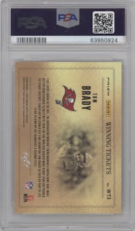 Tom Brady from the 2020 Panini Contenders Optic set featuring a Gold Vinyl parallel graded by PSA and given an overall grade of 9.