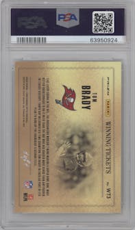 Tom Brady from the 2020 Panini Contenders Optic set featuring a Gold Vinyl parallel graded by PSA and given an overall grade of 9.