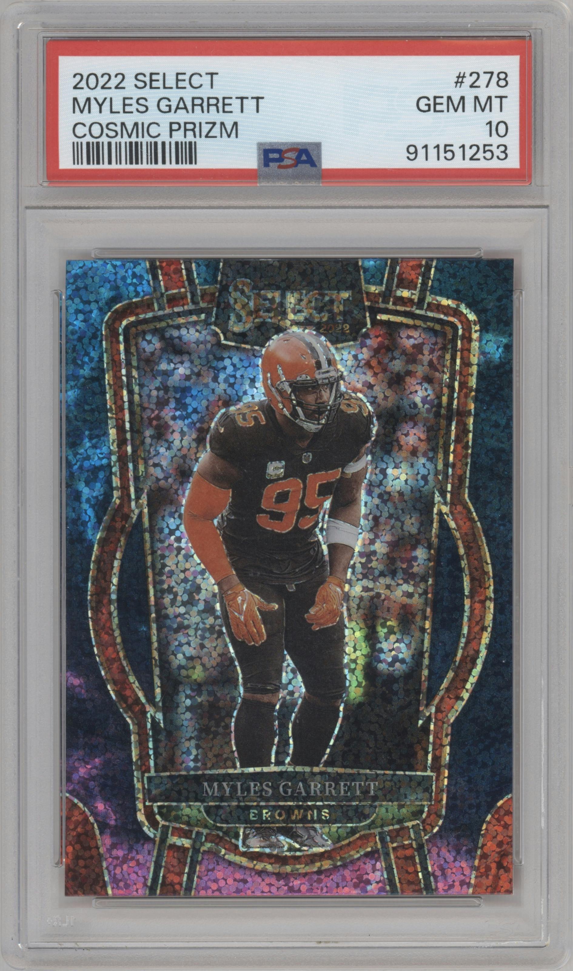 Myles Garrett from the 2022 Panini Select set featuring a Cosmic parallel graded by PSA and given an overall grade of 10.