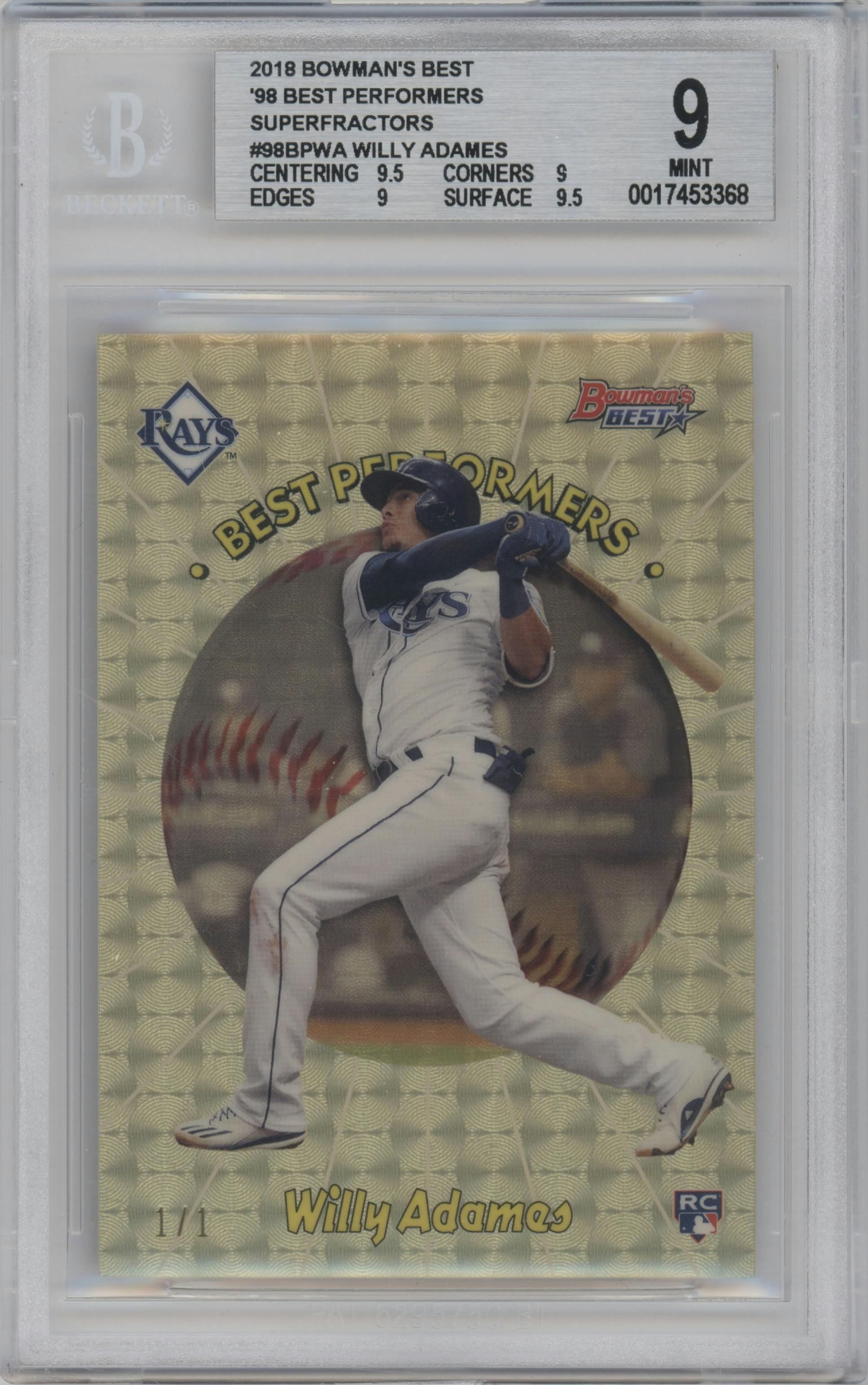 Willy Adames from the 2018 Bowman’s Best set featuring a SuperFractor parallel graded by Beckett and given an overall grade of 9.