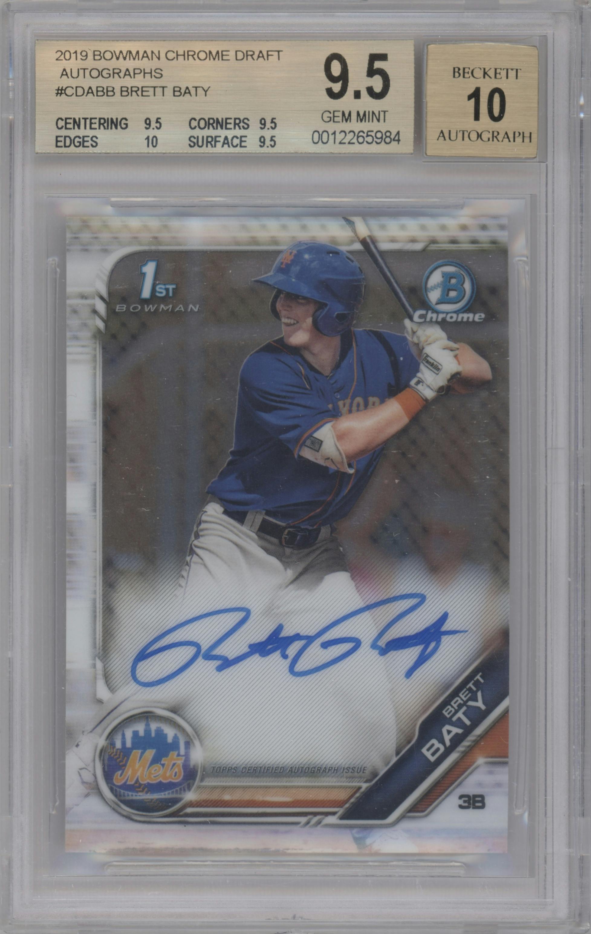 Brett Baty from the 2019 Bowman Draft set graded by Beckett and given an overall grade of 9.5.