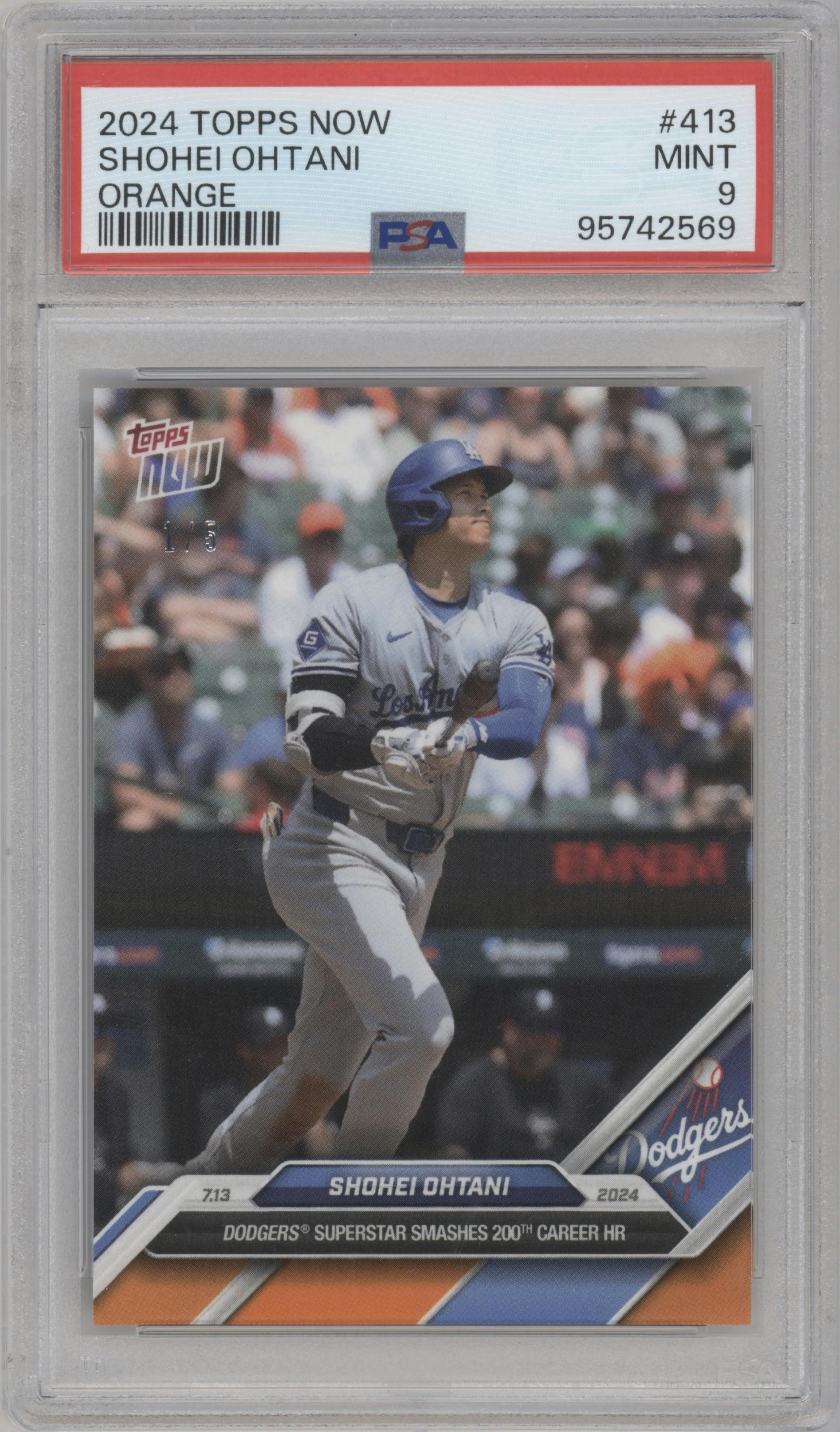 Shohei Ohtani from the 2024 Topps Now set featuring a Orange parallel graded by PSA and given an overall grade of 9.