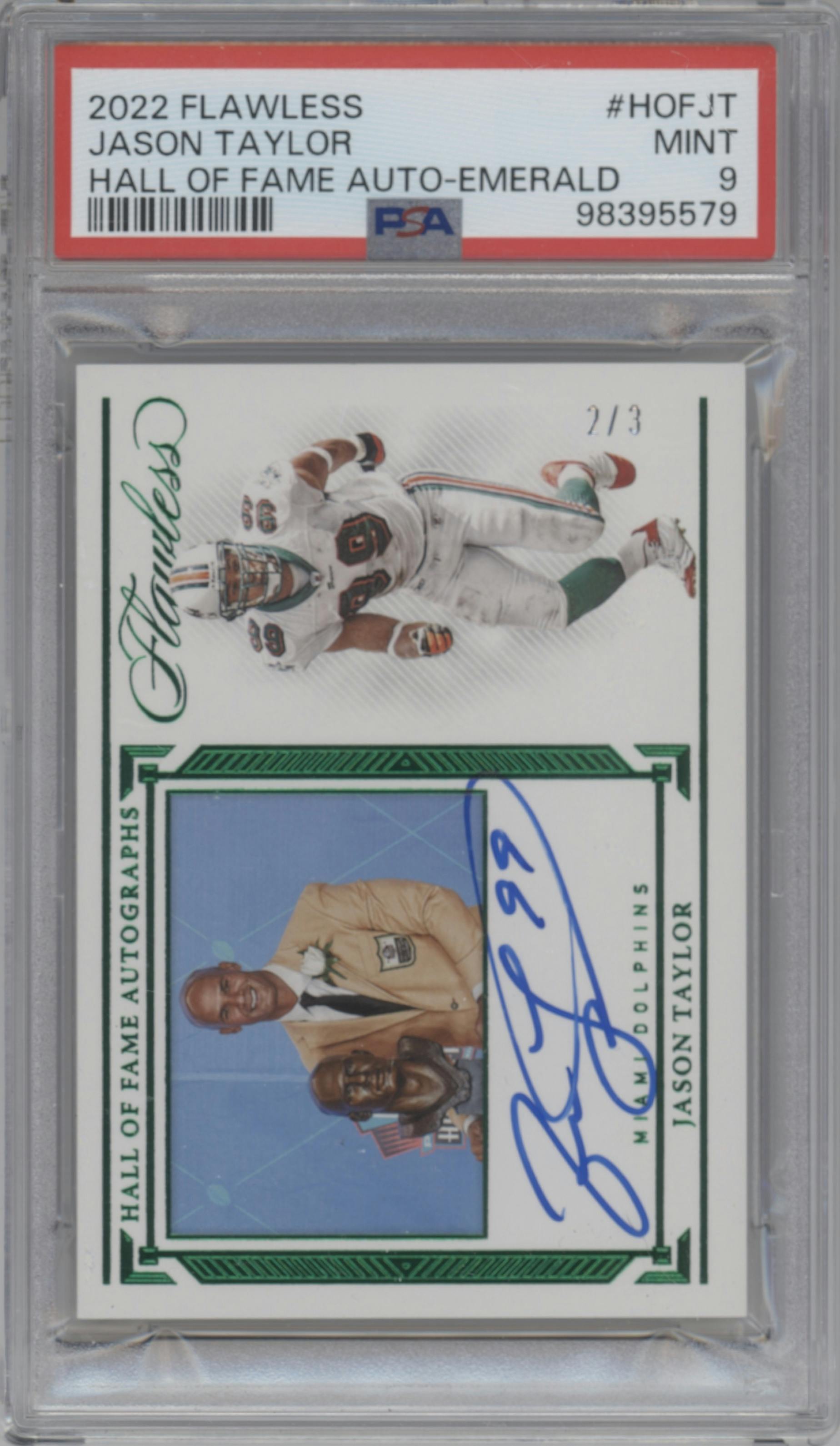Jason Taylor from the 2022 Panini Flawless set featuring a Emerald parallel graded by PSA and given an overall grade of 9.