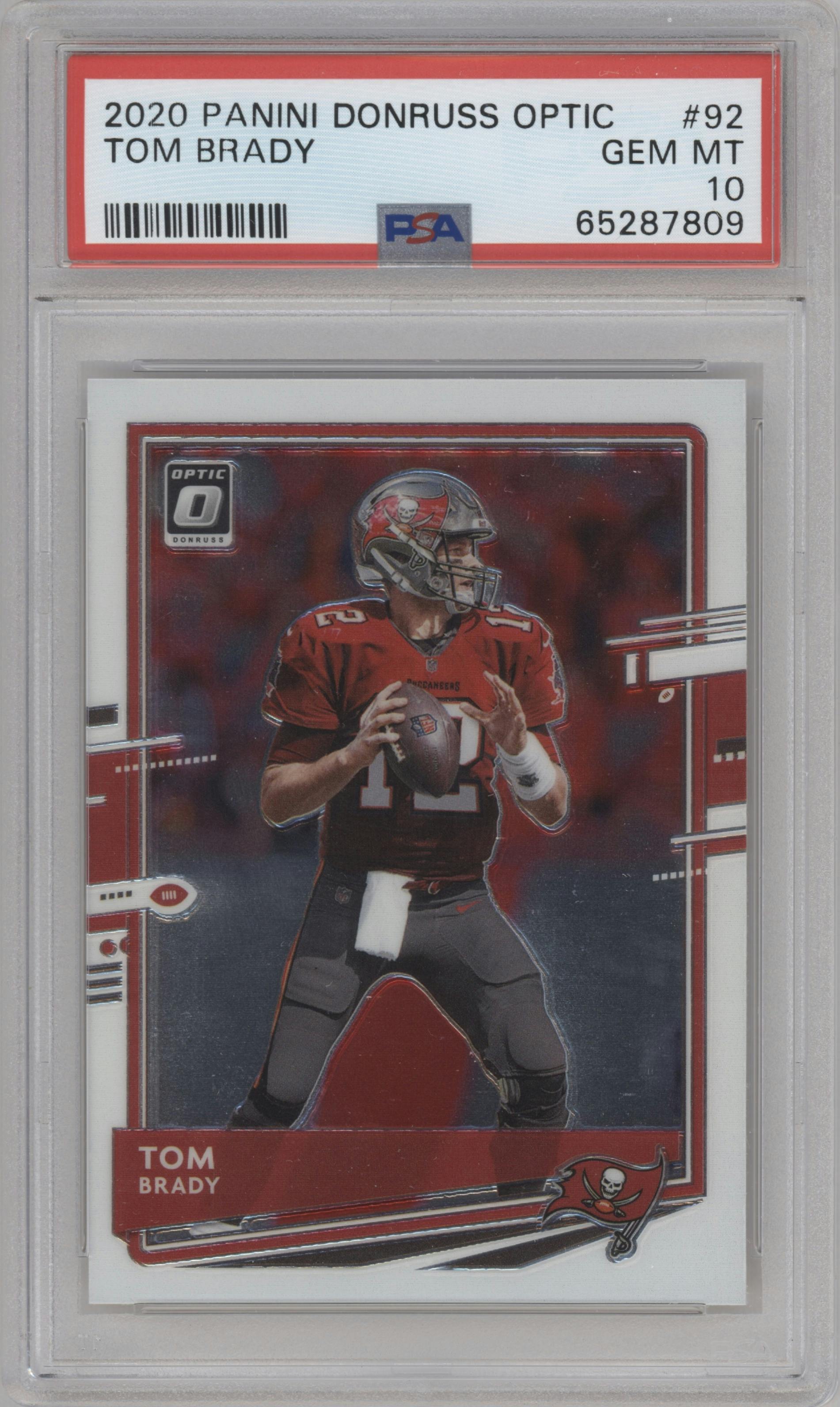 Tom Brady from the 2020 Panini Donruss Optic set graded by PSA and given an overall grade of 10.