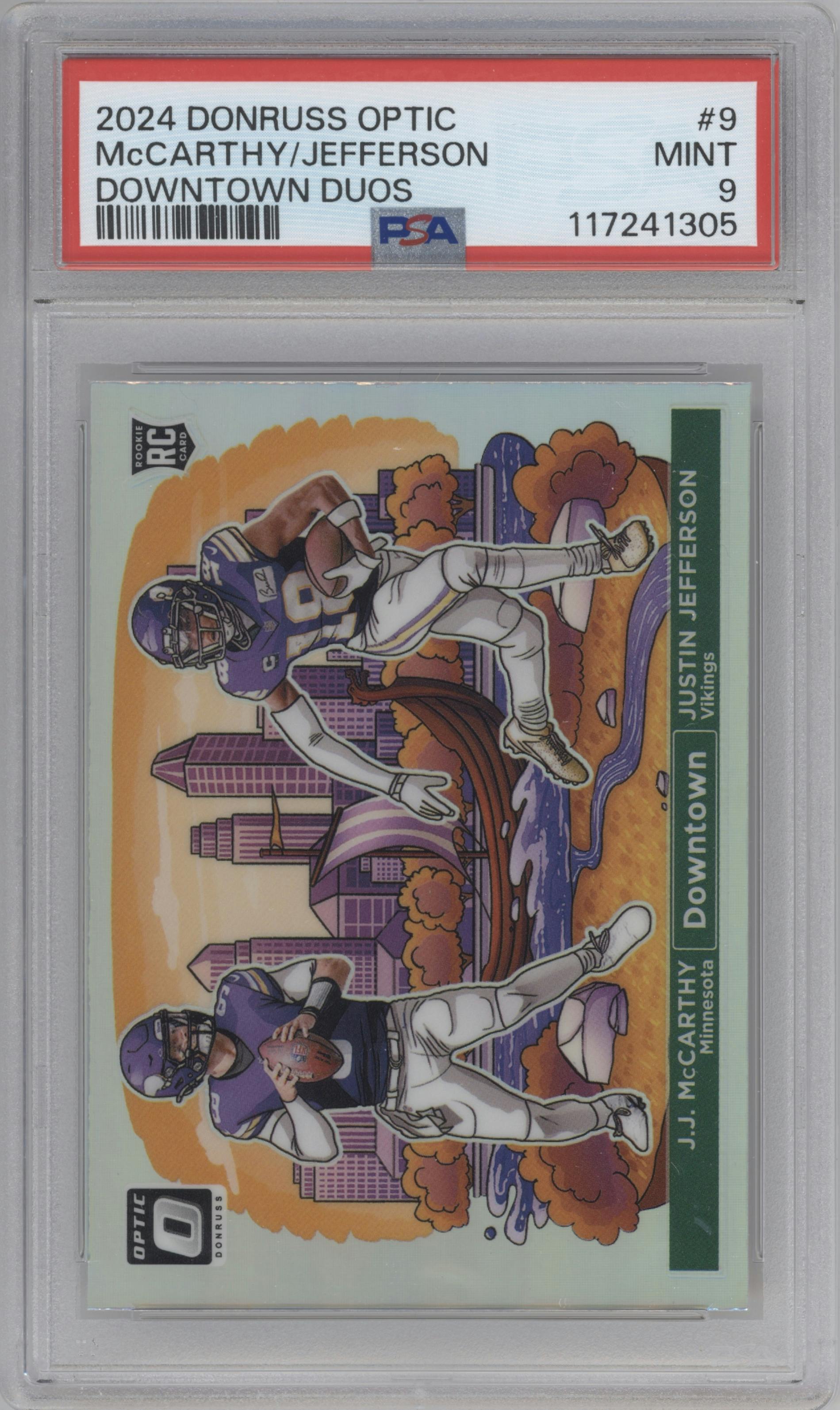 J.J. McCarthy/Justin Jefferson from the 2024 Donruss Optic set graded by PSA and given an overall grade of 9.