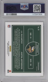 J.J. McCarthy/Justin Jefferson from the 2024 Donruss Optic set graded by PSA and given an overall grade of 9.