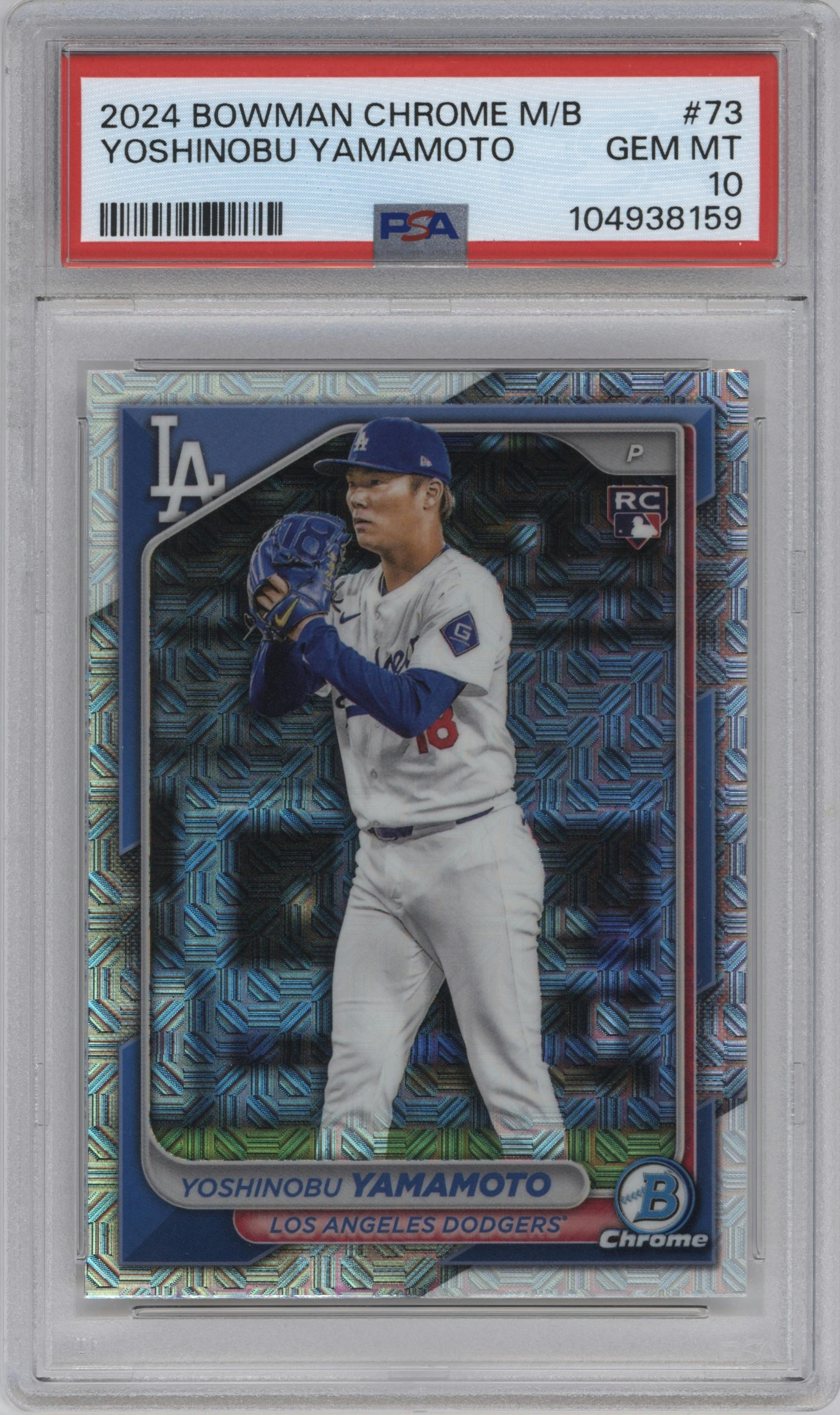 Yoshinobu Yamamoto from the 2024 Bowman Chrome Mega Box set graded by PSA and given an overall grade of 10.