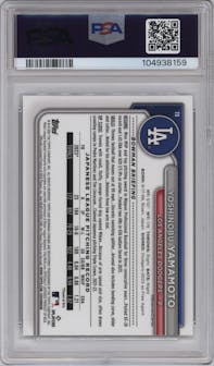 Yoshinobu Yamamoto from the 2024 Bowman Chrome Mega Box set graded by PSA and given an overall grade of 10.
