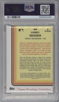 Corey Seager from the 2024 Topps Brooklyn Collection set featuring a Platinum parallel graded by PSA and given an overall grade of 10.