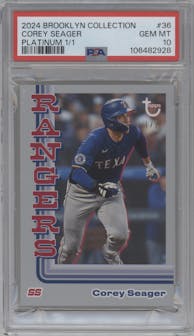 Corey Seager from the 2024 Topps Brooklyn Collection set featuring a Platinum parallel graded by PSA and given an overall grade of 10.