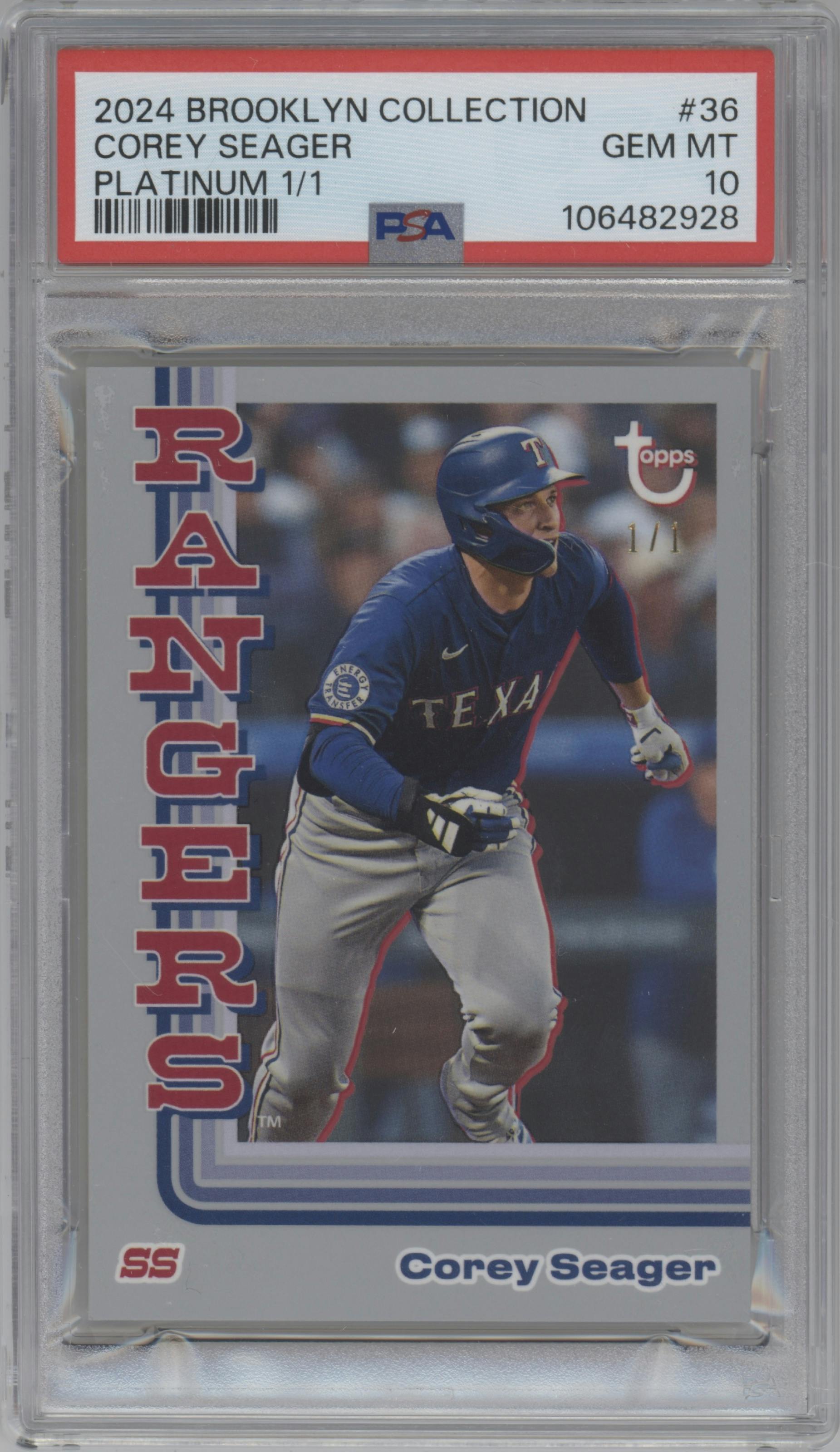 Corey Seager from the 2024 Topps Brooklyn Collection set featuring a Platinum parallel graded by PSA and given an overall grade of 10.
