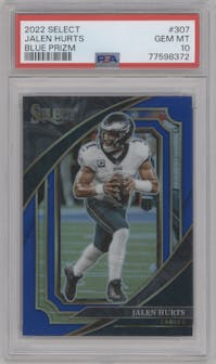 Jalen Hurts from the 2022 Panini Select set featuring a Blue Prizm parallel graded by PSA and given an overall grade of 10.