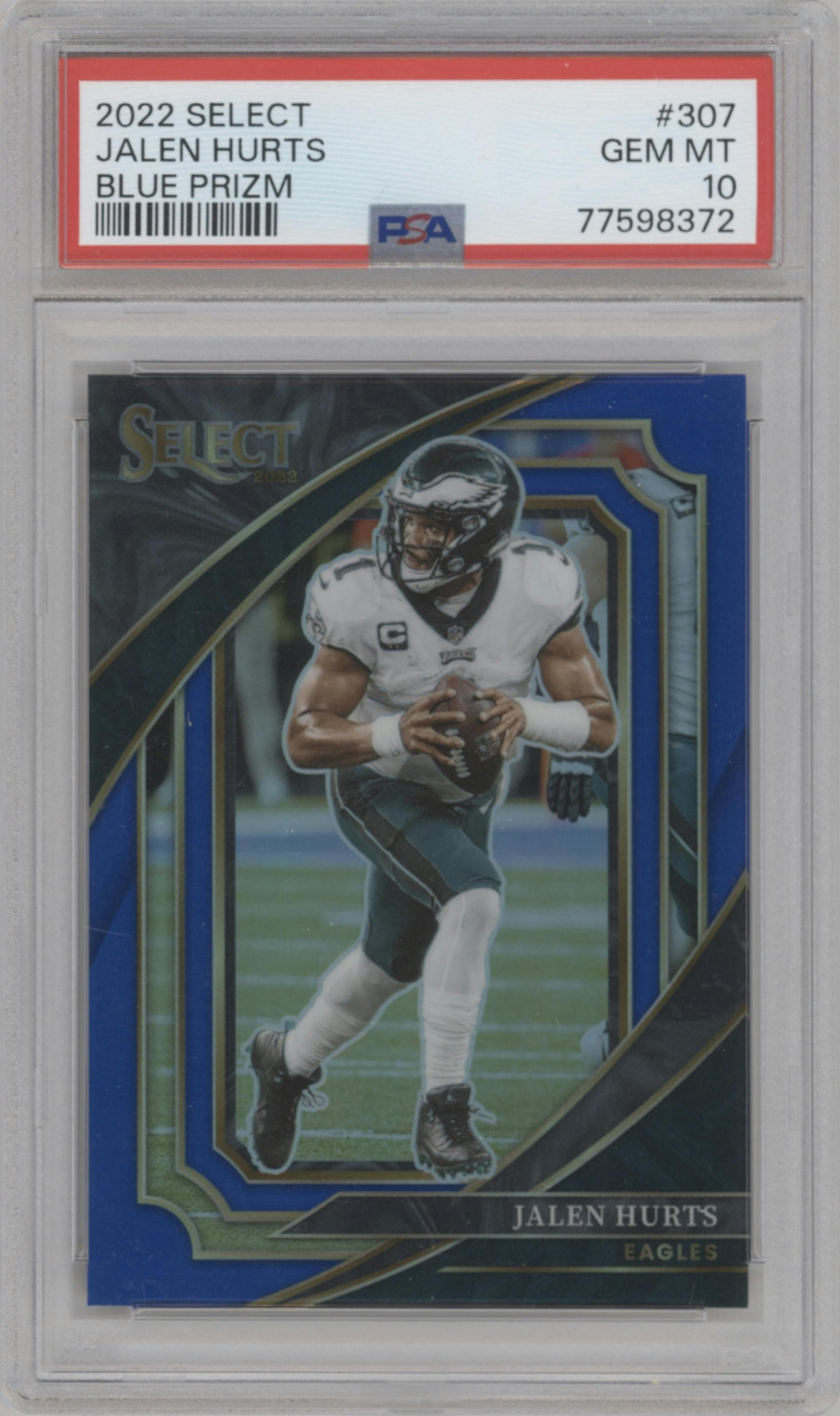 Jalen Hurts from the 2022 Panini Select set featuring a Blue Prizm parallel graded by PSA and given an overall grade of 10.