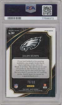 Jalen Hurts from the 2022 Panini Select set featuring a Blue Prizm parallel graded by PSA and given an overall grade of 10.