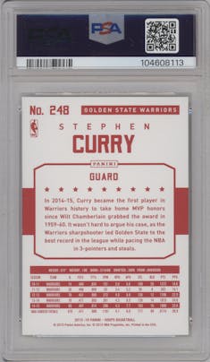 Stephen Curry from the 2015-16 Panini NBA Hoops set featuring a Red Back parallel graded by PSA and given an overall grade of 10.