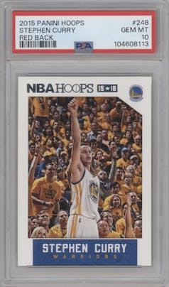 Stephen Curry from the 2015-16 Panini NBA Hoops set featuring a Red Back parallel graded by PSA and given an overall grade of 10.