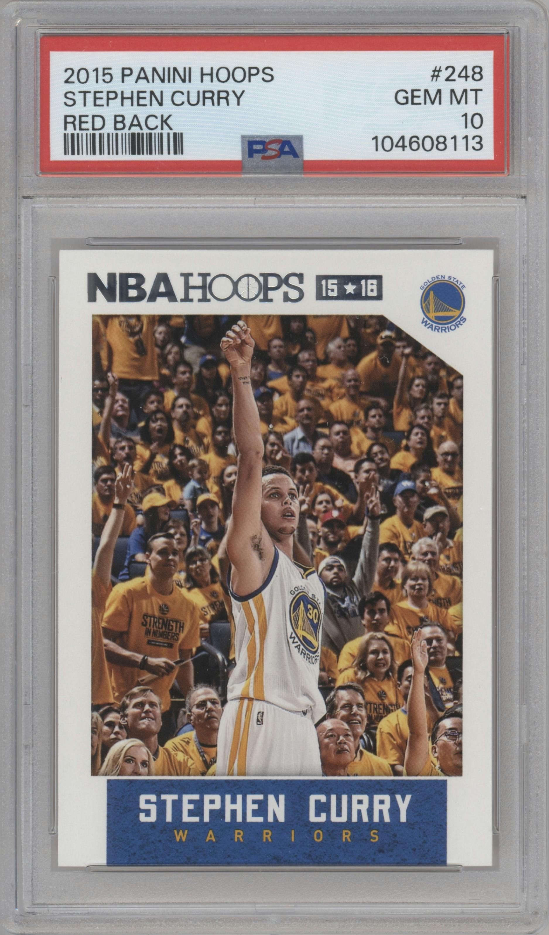 Stephen Curry from the 2015-16 Panini NBA Hoops set featuring a Red Back parallel graded by PSA and given an overall grade of 10.