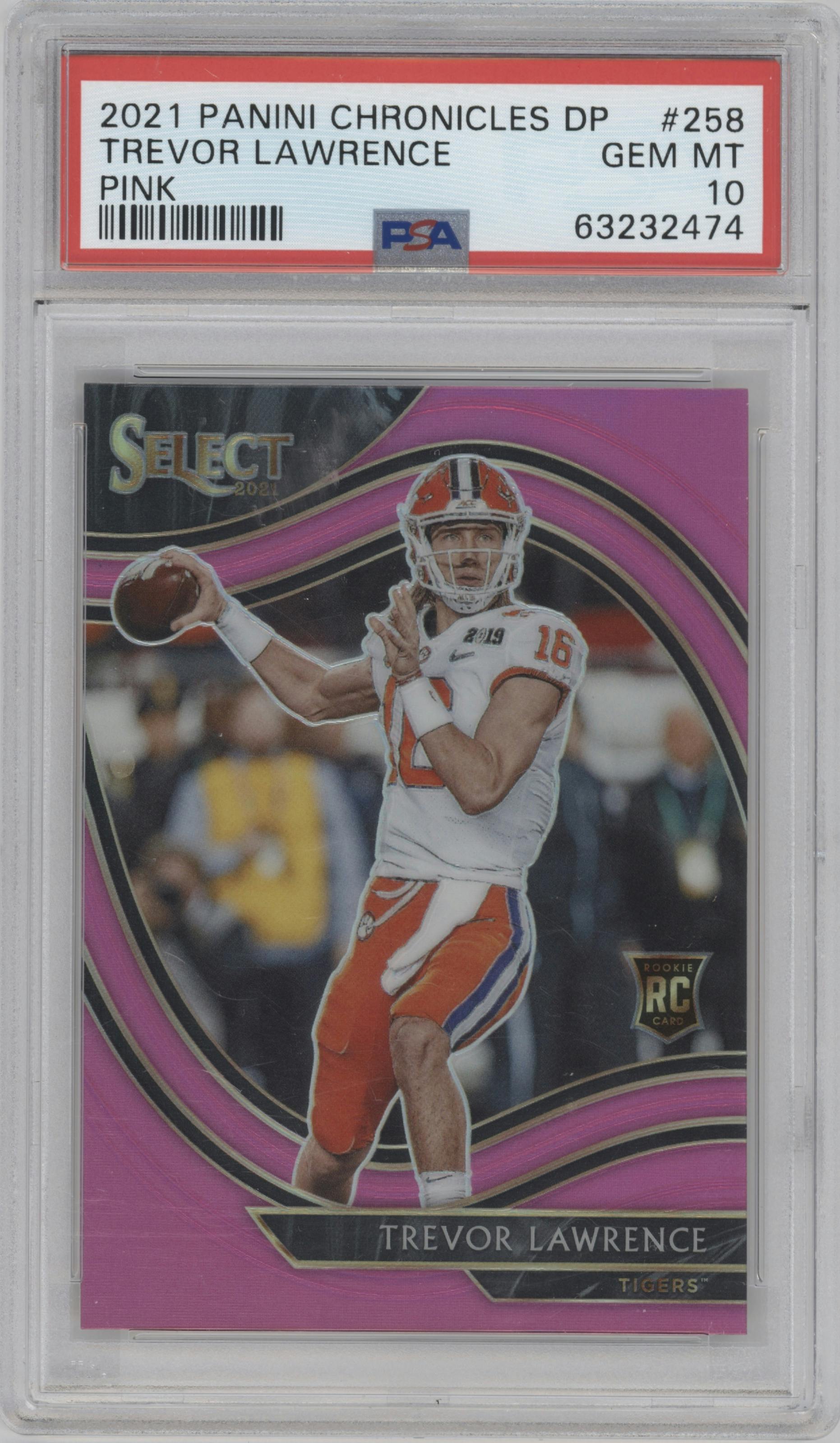 Trevor Lawrence from the 2021 Panini Chronicles Draft Picks set featuring a Pink Prizm parallel graded by PSA and given an overall grade of 10.