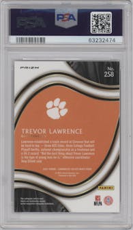 Trevor Lawrence from the 2021 Panini Chronicles Draft Picks set featuring a Pink Prizm parallel graded by PSA and given an overall grade of 10.