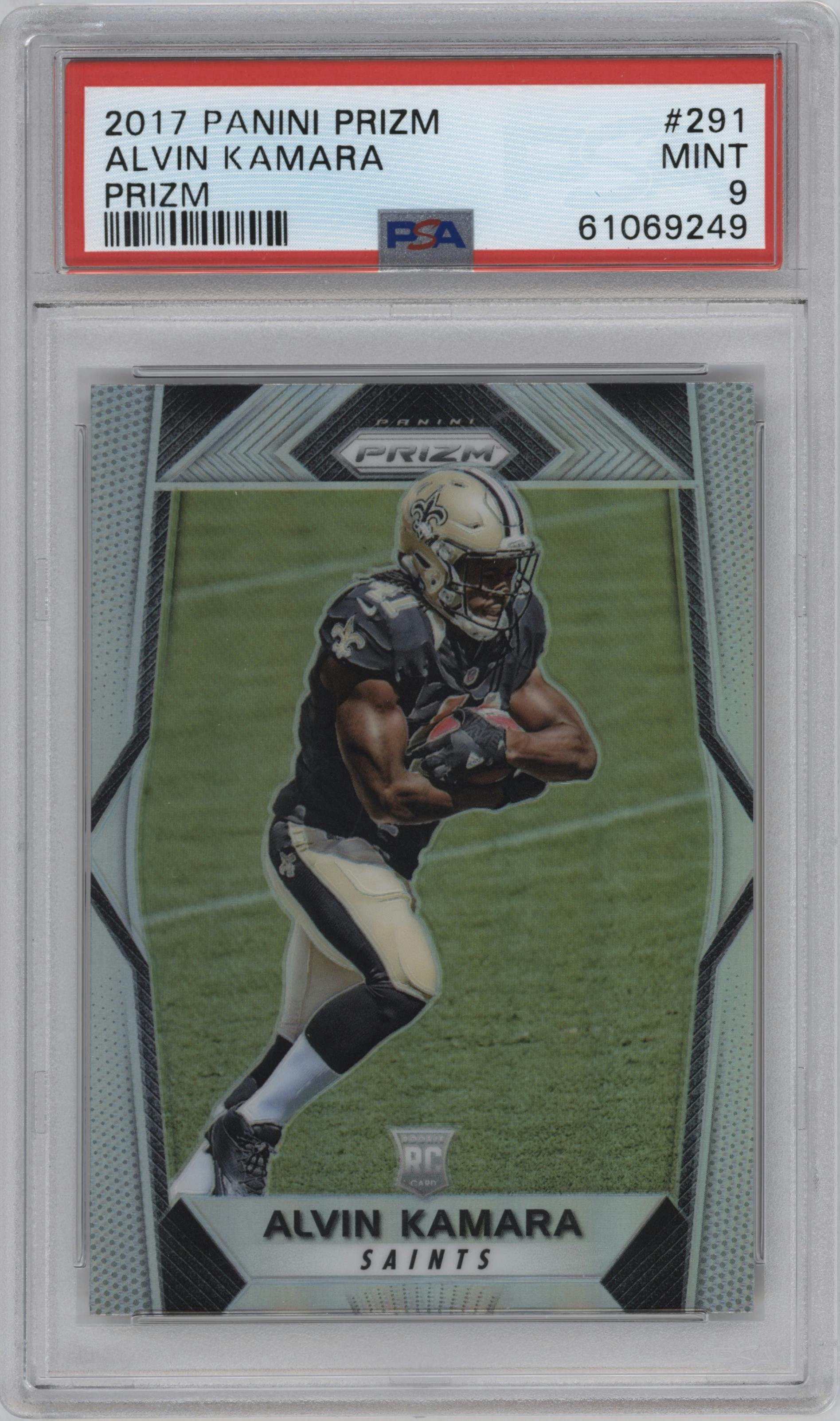 Alvin Kamara from the 2017 Panini Prizm set featuring a Prizm parallel graded by PSA and given an overall grade of 9.