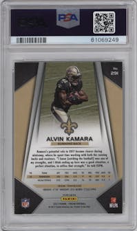 Alvin Kamara from the 2017 Panini Prizm set featuring a Prizm parallel graded by PSA and given an overall grade of 9.
