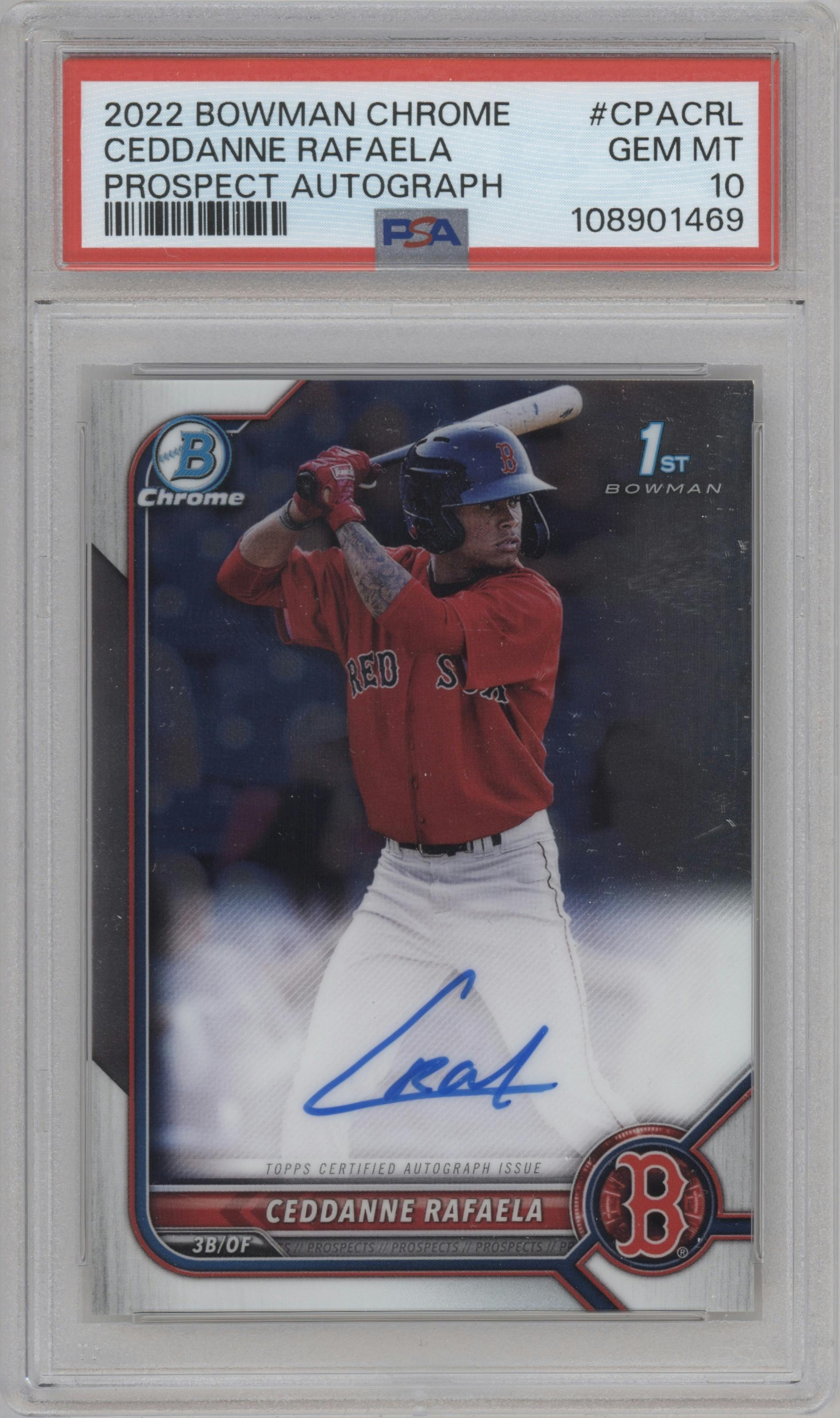 Ceddanne Rafaela from the 2022 Bowman Chrome set graded by PSA and given an overall grade of 10.