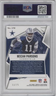 Micah Parsons from the 2021 Panini Rookies & Stars set featuring a Green Factory Set Pulsar Prizm parallel graded by PSA and given an overall grade of 10.