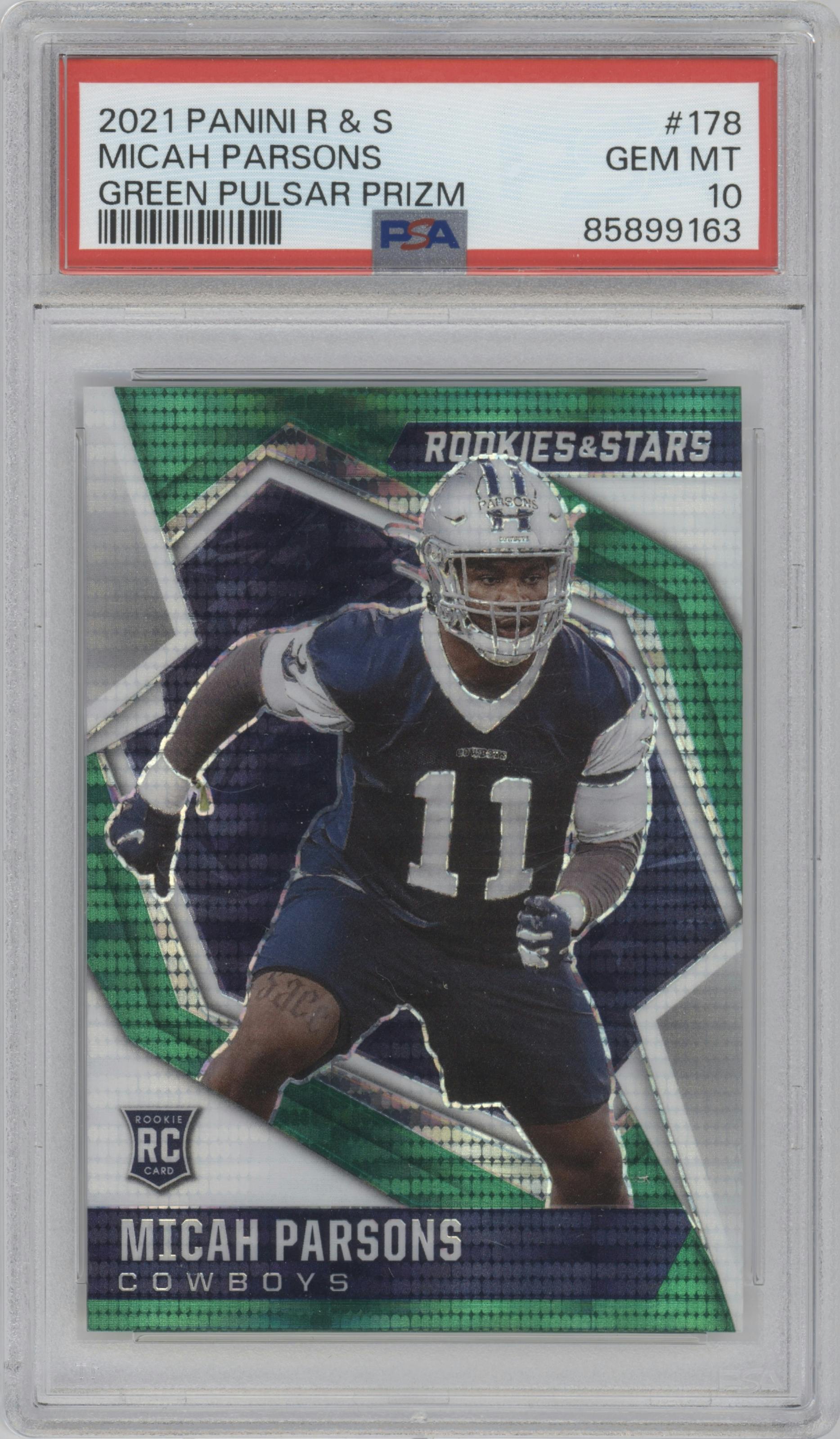 Micah Parsons from the 2021 Panini Rookies & Stars set featuring a Green Factory Set Pulsar Prizm parallel graded by PSA and given an overall grade of 10.